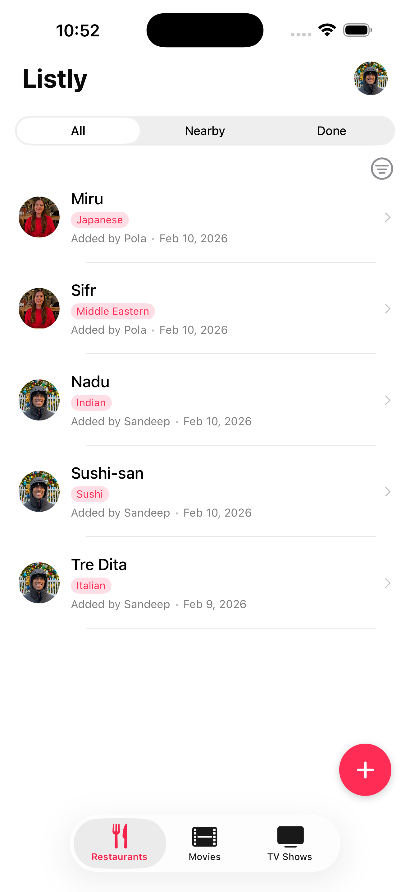 Listly app showing a shared restaurant wishlist