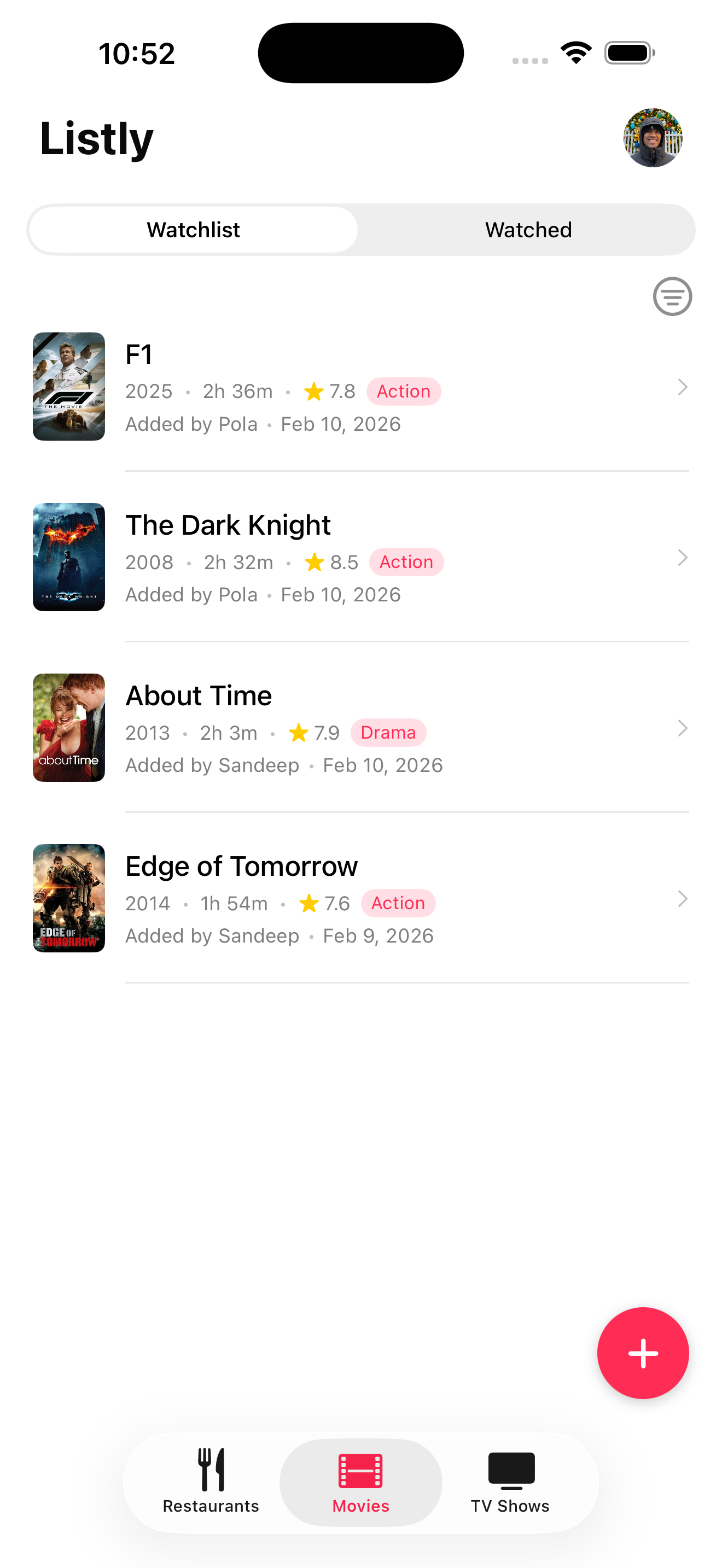 Shared movies watchlist showing F1, Dark Knight, About Time, and Edge of Tomorrow